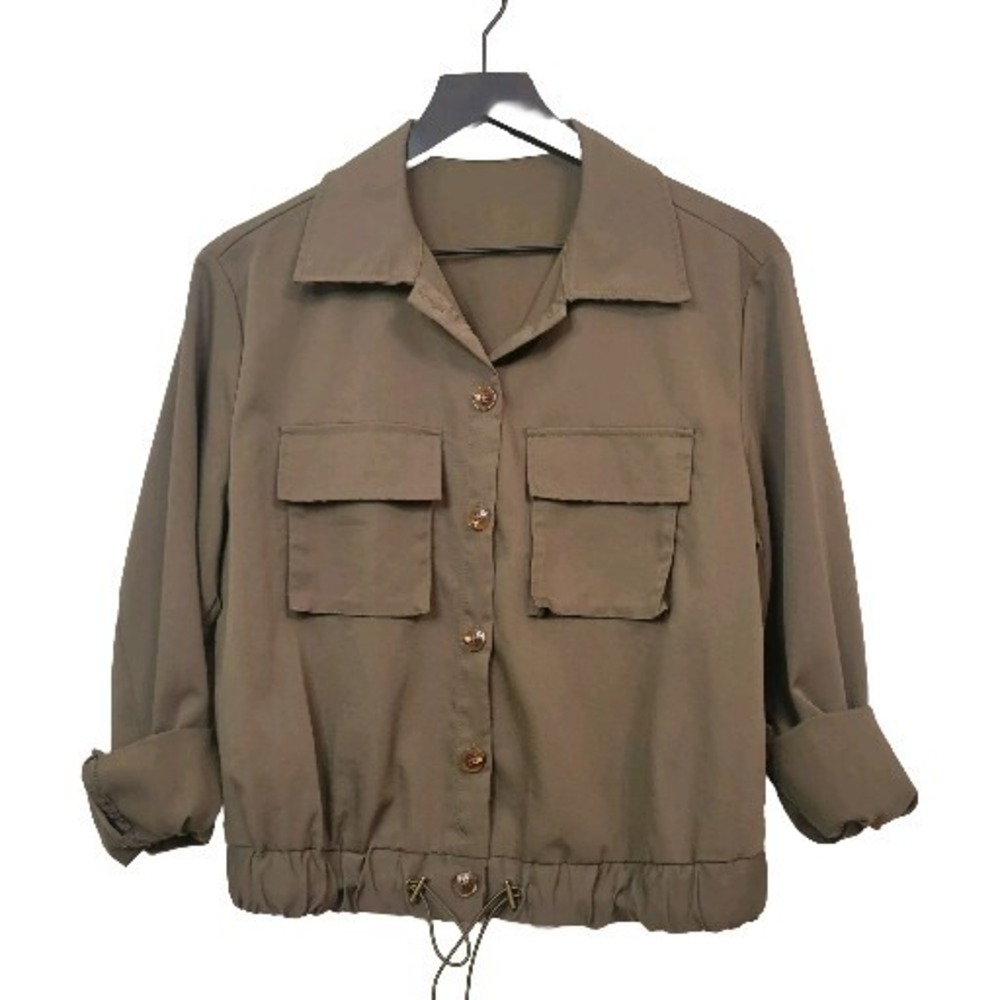 Utility Cropped Jacket Dark Green Brown Button Front Drawstring Small Gorpcore